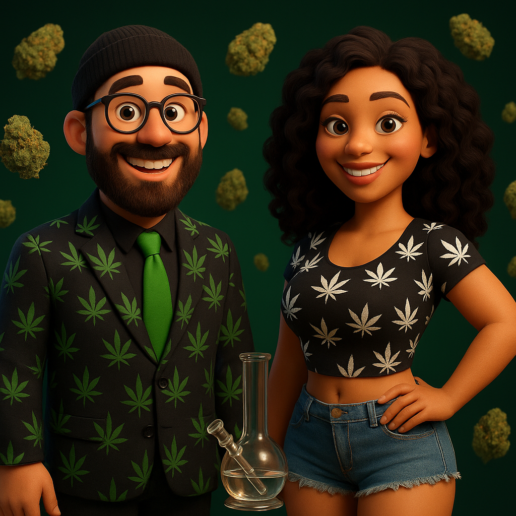 Stewart and CanniStew girl with cannabis nugs and bong